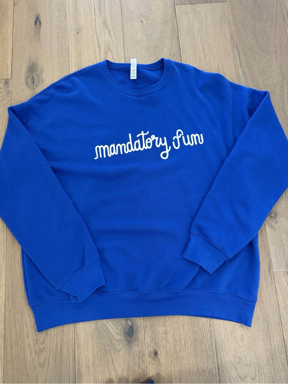 Bella + Canvas Royal Blue Crewneck Sweater with White "mandatory fun" graphic